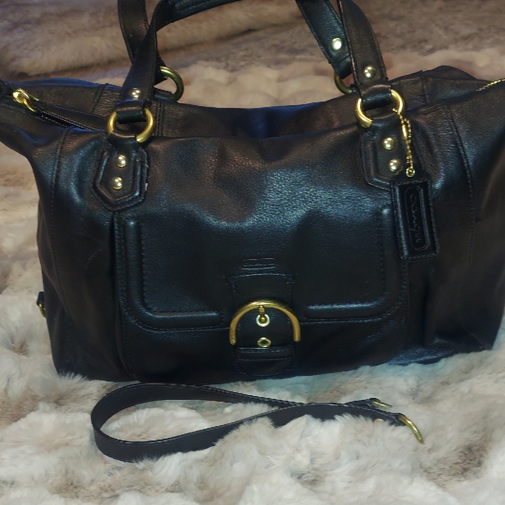 Coach Black Leather Handbag with Gold Accents